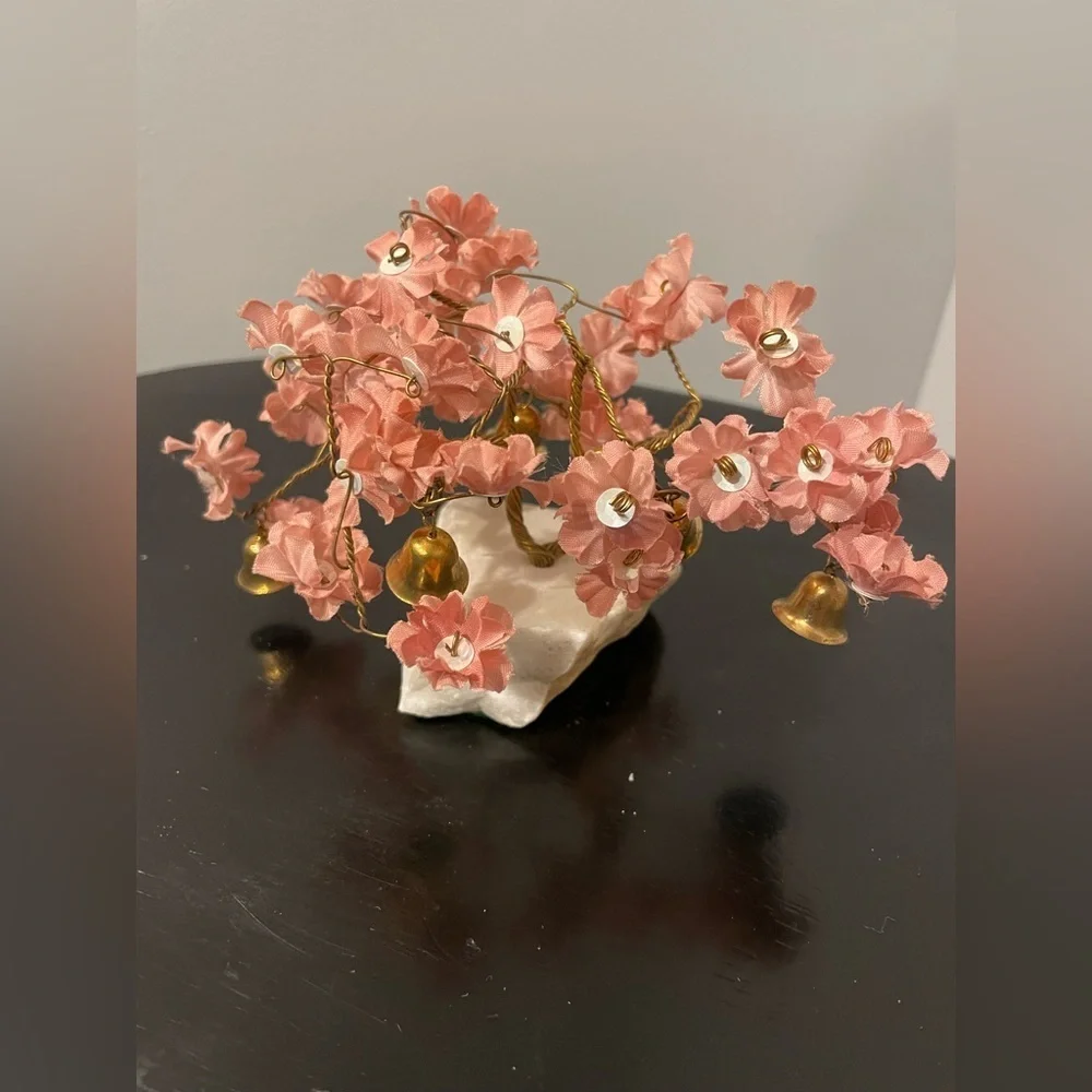 VTG Prosperity Tree Brass bells & light pink Fabric Flowers w/marble Base